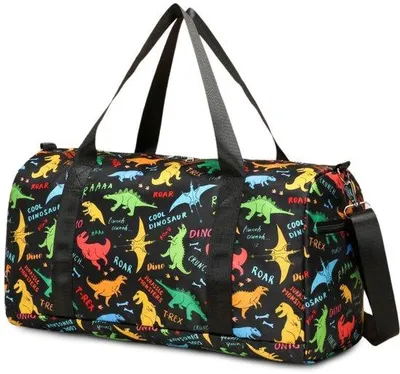 Produktbild von Unyqoos® Kinder-Reise- & Sporttasche mit Dinosaurier-Motiv, robustes wasserabweisendes Nylon, 280 g, Nassfach, Seitentaschen, abnehmbarer Schultergurt