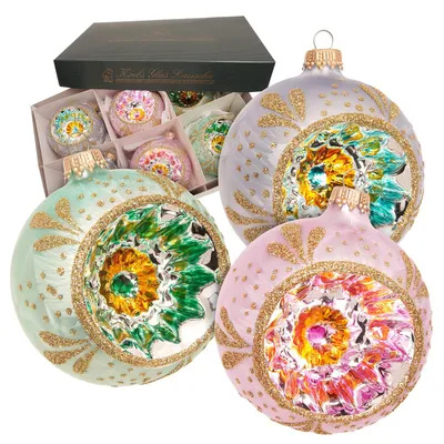 Produktbild von Krebs Glas Lauscha Weihnachtsbaumkugeln 6er Set - Reflexkugeln in Pastell - Grün, Rosa und Lila- aus Glas - ca. 8 cm