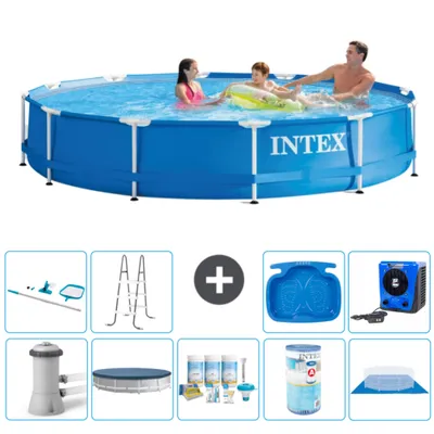 Produktbild von Intex Rundrahmen-Schwimmbecken – 366 x 76 cm – Blau – inklusive Pumpe Abdeckung - Wartungspaket - Filter - Bodenplane - Reinigungskit - Leiter