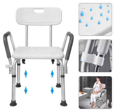 Imagen del producto de Silla de ducha - Taburete de ducha - 5 ajustes de altura, de 37,5 a 50,5 cm - Patas antideslizantes - Respaldo y reposabrazos - Marco de aluminio - Sin acolchado - Carga máxima: 136 kg
