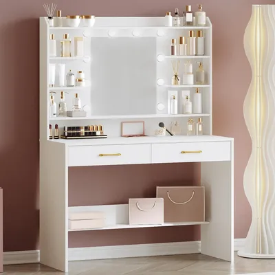 Image de Table de maquillage avec miroir et 2 tiroirs, blanche, 40 x 100 x 149 cm