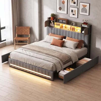 Zdjęcie produktu dla Łóżko tapicerowane INONEFT, 140x200 cm, z portem USB i oświetleniem LED, łóżko dwuosobowe z pojemnikiem na pościel i 4 szufladami, zagłówek z miejscem do przechowywania, stelaż łóżka, pościel, kolor: szary