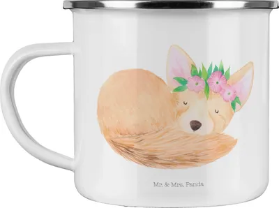 Produktbild von Mr. & Mrs. Panda Teetasse Wüstenfuchs Blumen - Weiß - Geschenk, becher emaille, Haferl, Wüste, Blumenkranz, Teebecher, Glücklich, Afrika, Kaffeepott, Pott