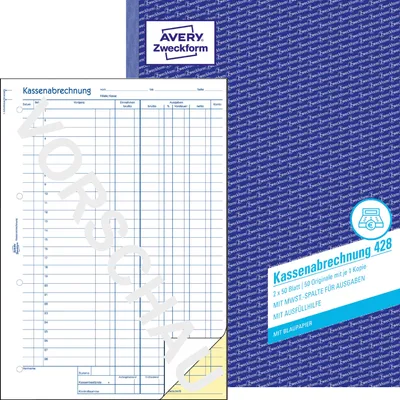 Produktbild von Avery Zweckform 428, Kassenabrechnung, MwSt.-Spalte für Ausgaben, A4, mit Blaupapier, 2x50 Blatt