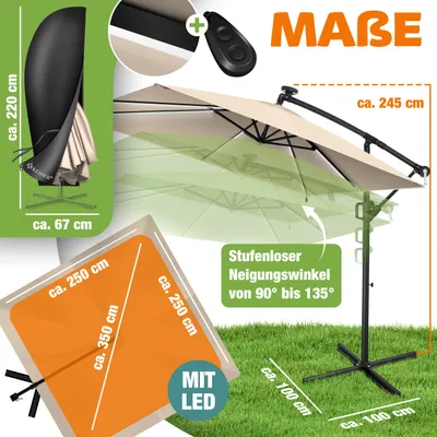Produktbild von KESSER® Ampelschirm Holly Sonnenschirm rechteckig Ø350cm, mit/ohne LED Solar, inkl. Abdeckung