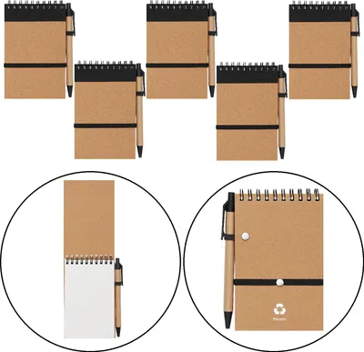 Produktbild von 5 x Recycelten Notizbüchern mit Kugelschreiber 14,5x10x0,8cm – Umweltfreundlich, blanko Seiten, Ringlochung u Gummiband