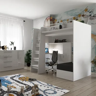 Produktbild von Marlux-Meble Hochbett JSM-7 90x200 TREPPE Links mit Schreibtisch Schränke und Ausklappbares Sofa 70x180 Hochglanz Funktionsbett Etagenbett Stockbett Kinderhochbett Jugendhochbett (Weiß Glanz)