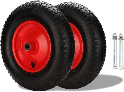 Produktbild von Luftbereiftes Schubkarrenrad mit Achse, Ø 390 mm, 4.80 4.00-8, 120 kg Traglast, 2er Set, PolyurethanGummirad für Bollerwagen und Schubkarren, Schwarz