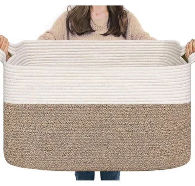 Obrázek produktu pro Skládací košík na prádlo, objem 65 litrů, barva bílá/hnědá, rozměry 55x38x29 cm, s bavlněným lanem