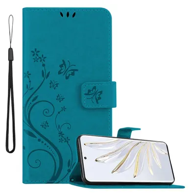 Obrázok produktu pre Kryt Cadorabo pre Honor 70 vo farbe FLORAL BLUE ochranný kryt v kvetinovom dizajne s magnetickým zatváraním, funkciou stojana a slotmi na karty flipové puzdro kvetinový obal puzdro na mobilný telefón flipové puzdro na knihu