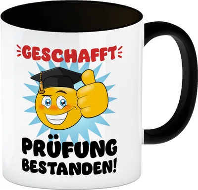 Produktbild von Prüfung bestanden Kaffeebecher in schwarz mit Spruch Geschafft Prüfung bestanden