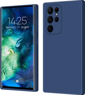 A product shot of a blue phone case next to a smartphone displaying the time and date.