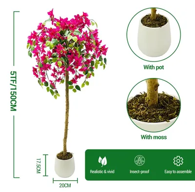 Obrázek produktu pro Umělá bougainvillea – umělá rostlina v květináči – výška 150 cm – realistické plastové květy – dekorativní rostlina pro byt a kancelář – barva: růžová