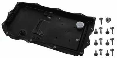 A black car part, likely a transmission oil pan, is shown with a set of screws.