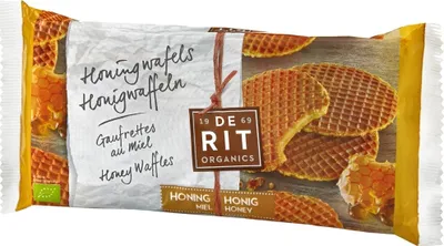Produktbild von De Rit Honigwaffeln, Wafer Keks, Honig, WEIZENSIRUP (35%), WEIZENMEHL, Palmöl, Maismalzsirup (12%), Honig (8%), WEIZENKLEIE, SOJAMEHL,..., 451 kcal, 1898 kJ, 3,7 g