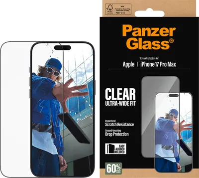 Zdjęcie produktu dla PanzerGlass ® Screen Protector iPhone 17 Pro Max | Ultra-Wide Fit w. EasyAligner, Apple, Apple - iPhone 17 Pro Max, Aplikacja na sucho, Odporny na zadrapania, Odporny na wstrząsy, Przezroczysty, 1 szt.