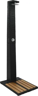 A black outdoor shower with a wooden base against a white background.