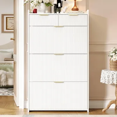 Productafbeelding van Schoenenkast 80x25x135cm, wit, gemaakt van 100% spaanplaat, met 3 klepdeurtjes en 2 lades. Smal schoenenkast, geschikt voor de hal en entree