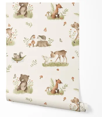 Produktbild von Vliestapete Waldtiere Bär Fuchs Reh Hase Wald Muster Kinderzimmer Schlafzimmer Flur UV-beständige Tapete 5m x 0.5m