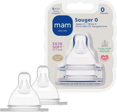 Obrázok produktu pre MAM cumlík 0 v dvojitom balení, cumlík na fľašu veľkosti 0 (pomalý prietok), najmä pre novorodencov od narodenia, obzvlášť mäkký cumlík vhodný pre všetky fľaše 1 kus (1 balenie) 2 kusy (1 balenie)