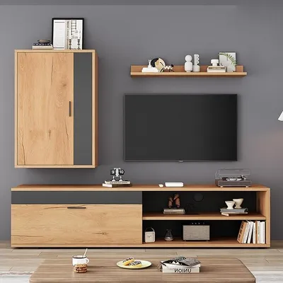 Produktbild von 140 * 35 * 39cm TV Wohnwand-Set (Komplett-Set, 3-St),Mediawand inkl, Standregal und Wandregal,modernes TV-Schrank,stehend und hängend,Holzfarbe + Schwarz