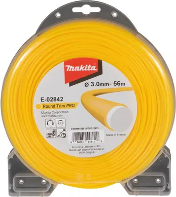 A spool of yellow trimmer line is shown in its clear plastic packaging.