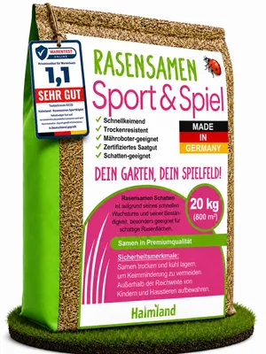 Produktbild von halmland Premium Rasensamen 20kg schnellkeimend für 800m² Sport und Spiel, KI-generiertes Bild