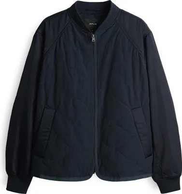 A studio shot of a dark blue quilted bomber jacket.