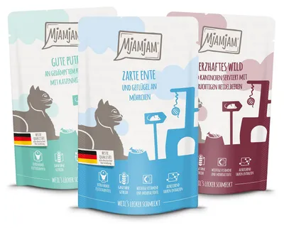 Productafbeelding van MjAMjAM proefpakket met 12 x 125g Quetschie natvoer voor katten, verschillende smaken
