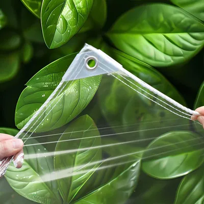 A close-up of a transparent tarp being held by hands, with green leaves in the background.