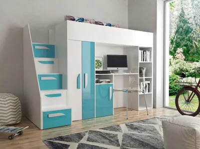 Obrázek produktu pro Zvýšená multifunkční postel 90x200 GRACLA - bílá / lesklá bílá / lesklá tyrkysová