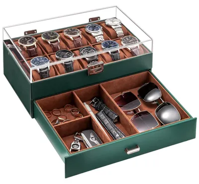 Image de Boîte à montres avec 10 compartiments et un tiroir, couleur verte
