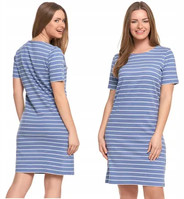 Imagen del producto de Vestido de manga corta – vestido tipo camiseta, talla S – vestido azul a rayas – vestido de algodón – vestido de mujer