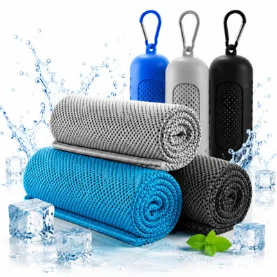 Produktbild von 3er Set Sporthandtuch Cooling Towel,100 x 30 cm,sofort kühlend & schnelltrocknend Kühlhandtuch für Fitness,Yoga,Laufen,Outdoor (Schwarz,Grau,Seeblau)