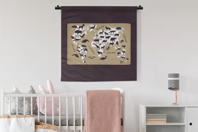 Produktbild von MuchoWow® Wandteppich Wandbehang Weltkarte Kinder - Weiß - Braun 90x90 cm Tapisserie Dekoration Wandtuch - Wandaufhänger