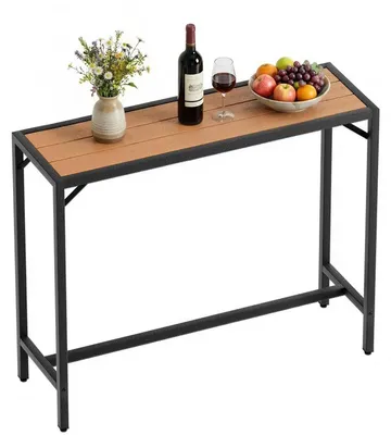 Image de Table de bar d'extérieur - Table haute - 120 x 38 x 98 cm, rectangulaire - Piètement en métal avec revêtement époxy - Pieds réglables - Plateau en teck