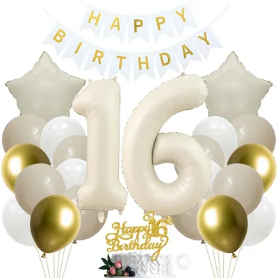 Image de Décoration pour anniversaire, 16 ans, ensemble de fête blanc et or, comprenant des décorations pour gâteau, idéal pour une fête