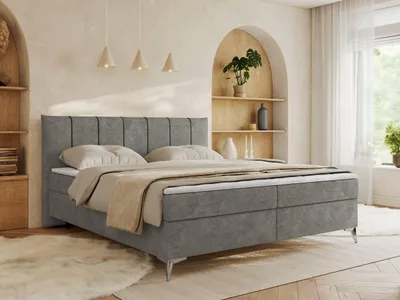 Produktbild von MKS MEBLE Polsterbett, Doppelbett DRINEA auf Metallbeinen, Boxspringbett, zwei Bettkästen,  Set mit Bonell-Matratzen und Topper, gepolstertes Kopfteil - 140 x 200 cm - H4 - Grau Velours