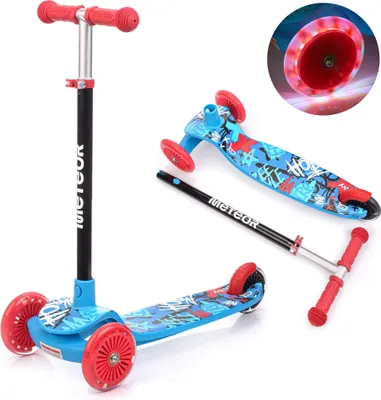 A collage of images showing a blue three-wheeled children's scooter with red handlebars and wheels, including a close-up of a light-up wheel.