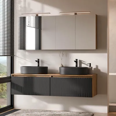 Produktbild von Planetmöbel ARISA Doppelwaschtisch 160 cm in Schwarz Geriffelt mit 2 LED Spiegelschränken ARIA 80 cm und 2 schwarzen Keramik-Aufsatzwaschbecken 55 cm