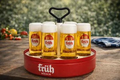 Produktbild von Früh Kölsch Kranz mit 8× Kölschgläsern 0,2 L – geeicht – Original Kölschstangen – Servierkranz komplett