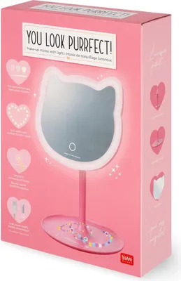 Obrázek produktu pro Legami - Make-up zrcátko se světlem - You Look Purrfect! - Make-up zrcátko ve tvaru kočky, nastavitelný jas a sklon, duální napájení přes USB nebo baterie, pro líčení
