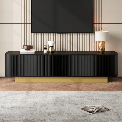 Produktbild von Merax TV-Lowboard mit 3 Türen und Kabelmanagement, TV-Schrank mit modernem Texturdesign, TV-Möbel aus robustem MDF und PB, schwarz