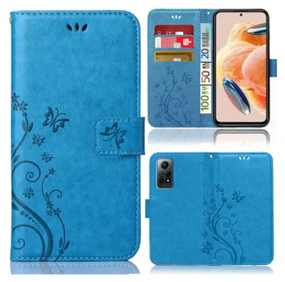 A collage of images showing a blue flip phone case with a floral pattern, a phone inserted into the case, and the back of the case.