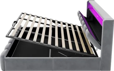 Produktbild von Merax Polsterbett 180x200 cm mit hydraulischem Stauraum, Doppelbett mit USB- & Type-C, LED-Beleuchtung, Samtbezug mit Blütenblattdesign, Grau
