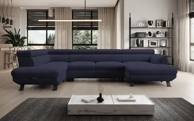 Zdjęcie produktu dla DomoHome ECKSOFA RAVEN XL - Narożnik z funkcją spania z wysuwanym łóżkiem, regulowanymi zagłówkami, pojemnikiem na pościel, duża sofa 334x198x162 cm lewa strona morska