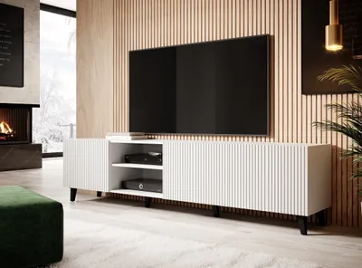 Produktbild von TV skrinka PAFOS 200 cm biela matná čierne nohy s frézovanými čelami TV stolík TV stolík príborník komoda Hi-Fi stolík