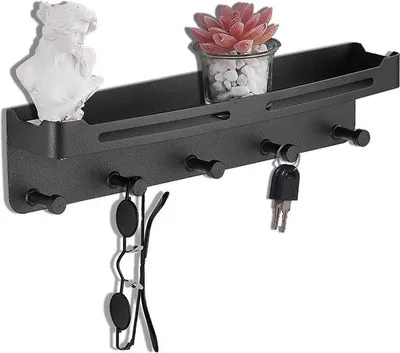 Immagine prodotto di Uniqoos®: Portachiavi in acciaio inossidabile con ripiano, portachiavi adesivo con 5 ganci, dimensioni 24 x 5 x 6 cm – ideale per ingresso, cucina e bagno