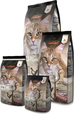 Multiple bags of cat food are arranged in a group.