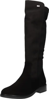 A black knee-high boot is shown against a white background.
